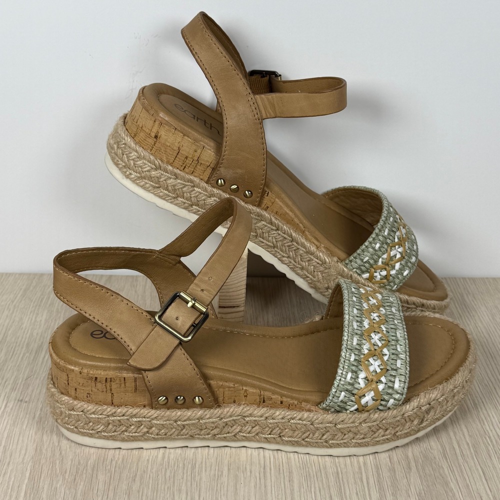 Earth ETCOLLINS Womens 8.5M Tan Leather Woven Espadrille Platform Wedge‎ Sandals